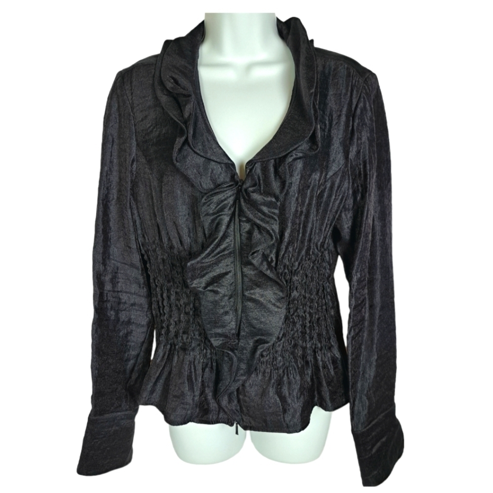 Samuel Dong Women's Blouse-Short ‎ Light Jacket  Shimmer Black Ruffles
